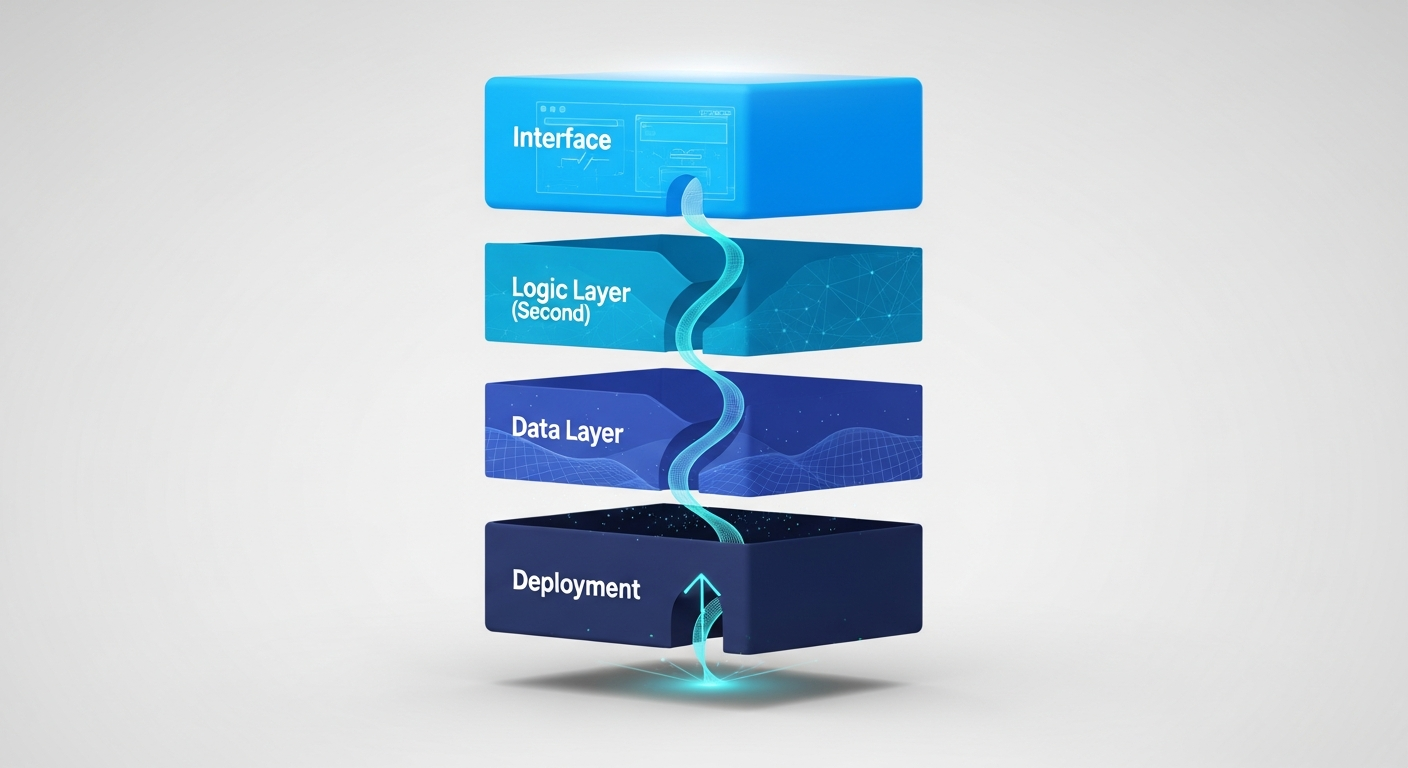 Abstract vertical stack of connected interface, logic, data, and deployment layers, in navy and cyan.