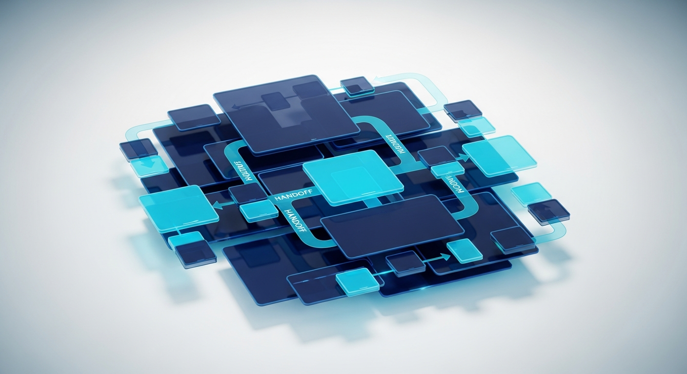 Abstract overlapping design artboards and component panels arranged as an organized system, in navy and blue.