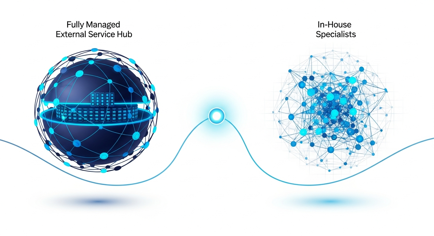 Abstract comparison of a managed external service hub and embedded in-house specialists, in navy and cyan.