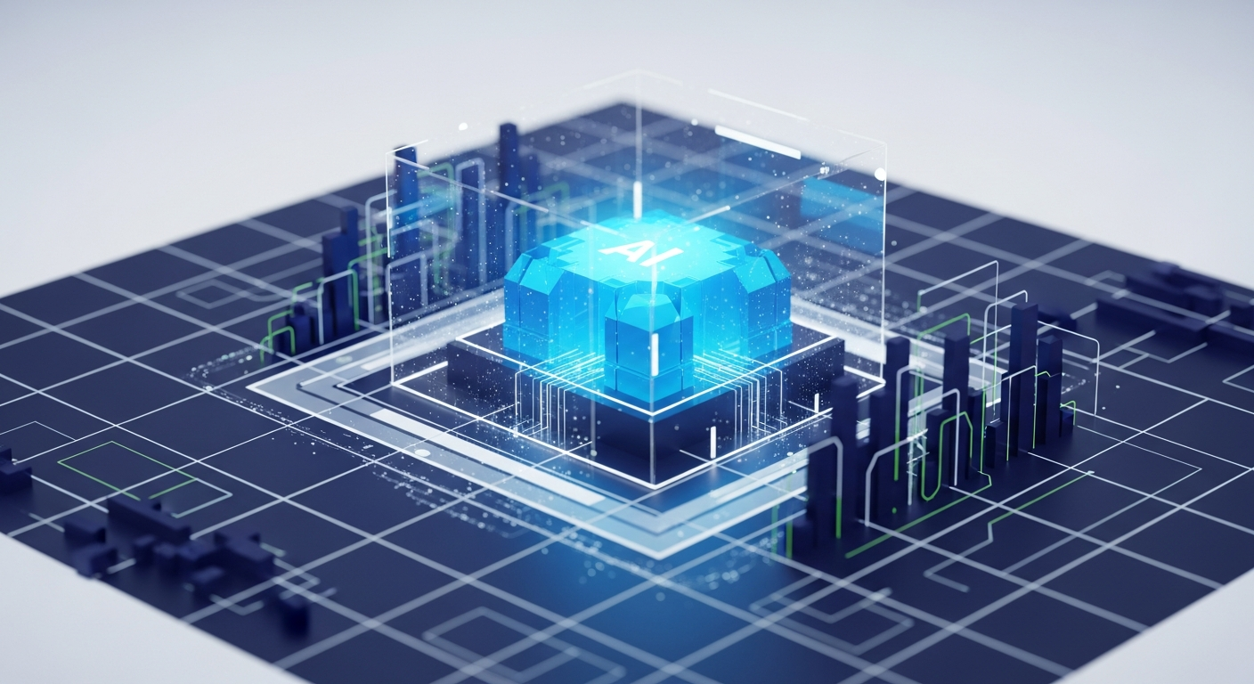 Abstract AI module integrated into a governed IT systems grid with compliance cues, in navy and blue.