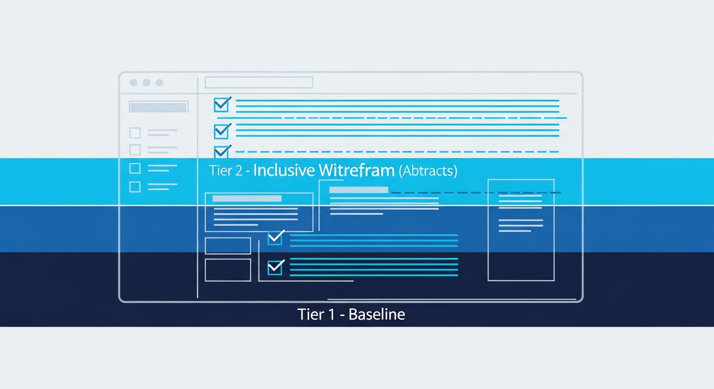 Abstract checklist mapping onto an accessible interface with stacked conformance tiers, in navy and blue.