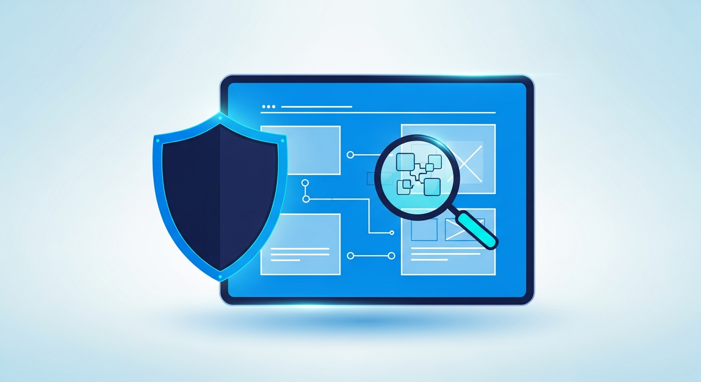 Abstract website wireframe under audit with a magnifier and protective shield motif, in navy and blue.