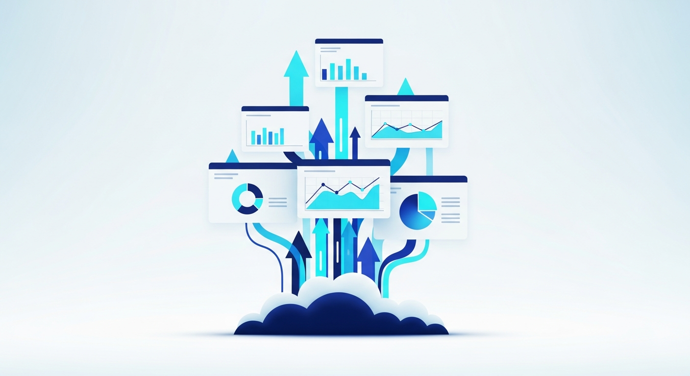 Abstract data streams rising from a cloud base into clean visualization panels, in navy and cyan.