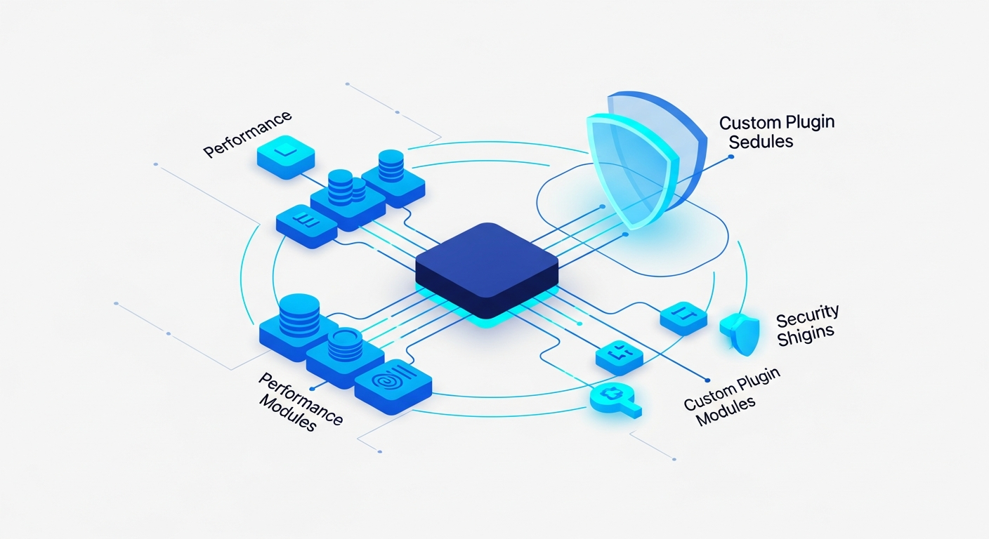 Abstract WordPress core ringed by performance, security, and plugin modules, in navy and blue tones.