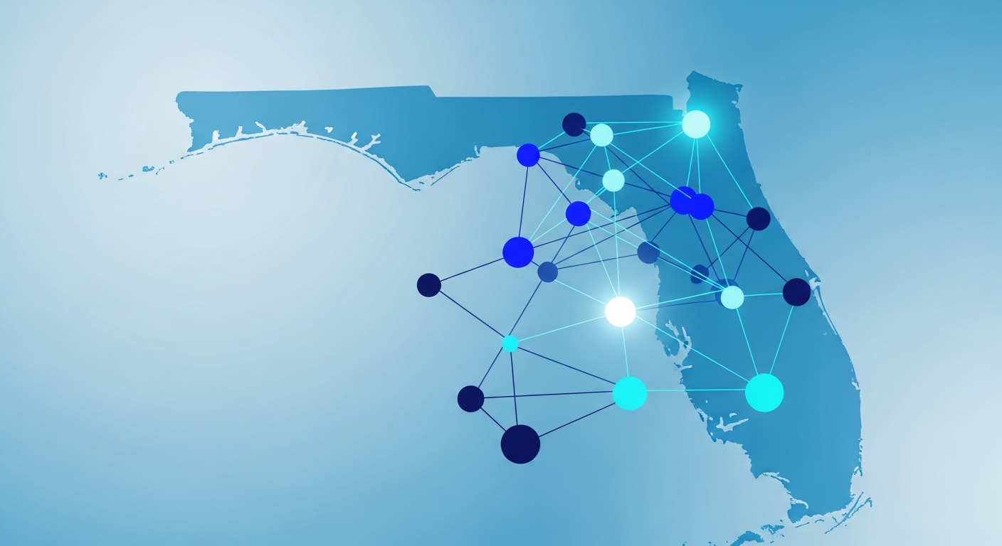 Abstract constellation of connected engineering hubs with standout nodes over a coastal gradient, in navy and cyan.