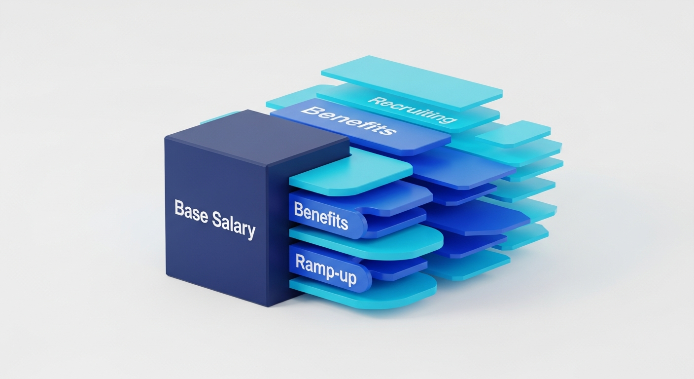 Abstract salary block surrounded by add-on cost tiles for benefits, recruiting, and ramp-up, in navy and cyan.