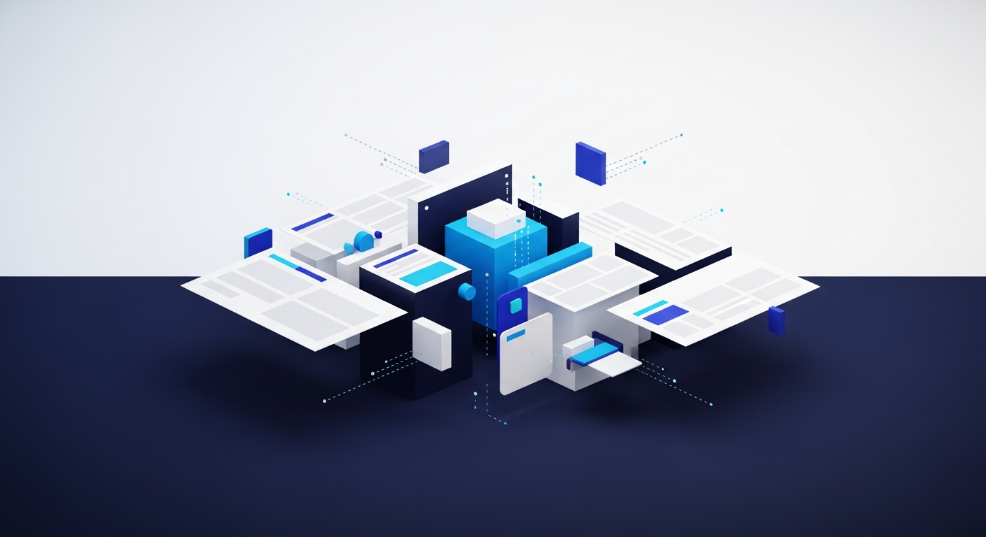 Abstract illustration of content blocks assembling into a structured website, in navy and blue tones.