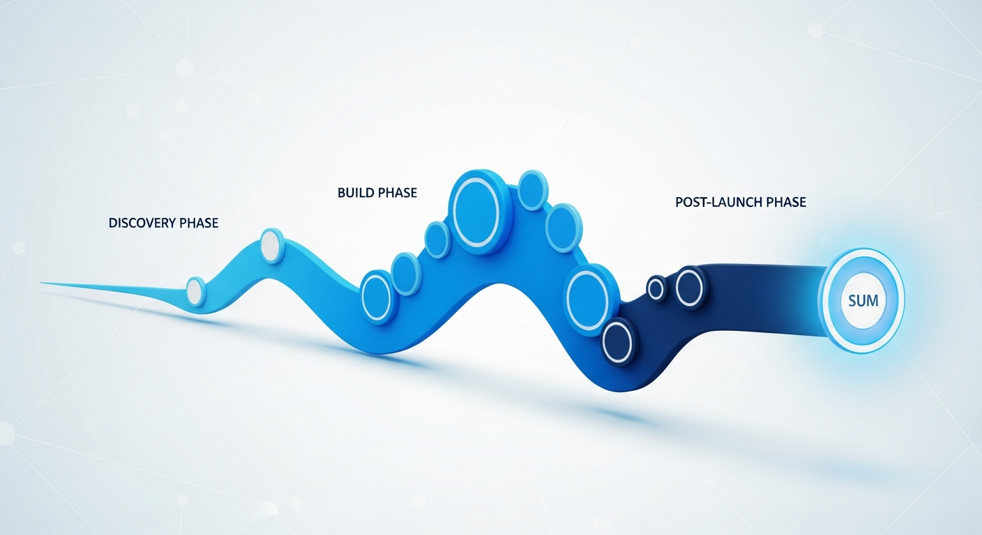 Abstract timeline ribbon with cost markers across discovery, build, and post-launch phases, in navy and blue.