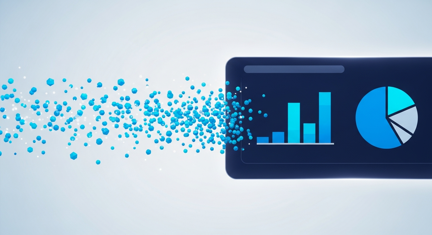 Abstract stream of scattered data particles converging into an organized dashboard, in navy and cyan.
