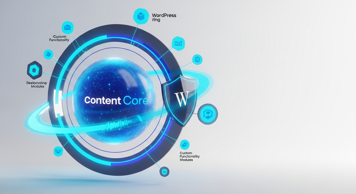 Abstract WordPress content core wrapped by speed and security rings with custom modules, in navy and cyan.