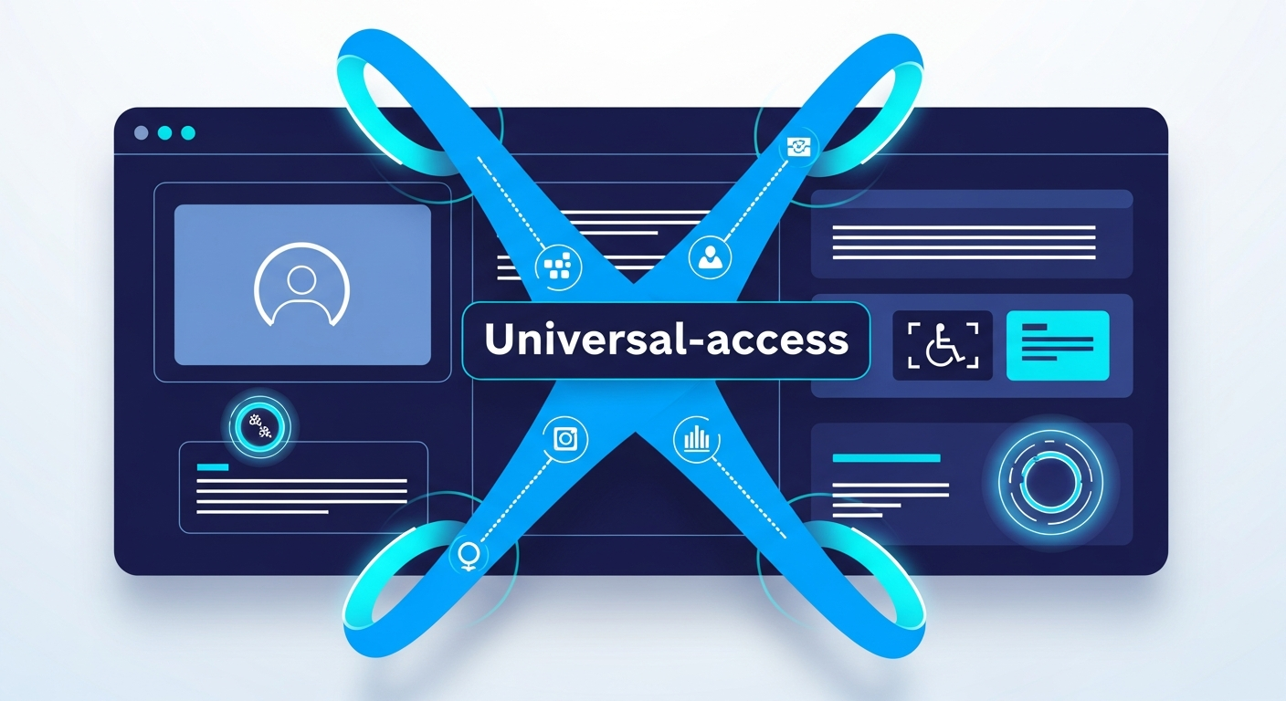 Abstract accessible user-interface wireframe with a universal-access motif and focus indicators, in navy and blue.