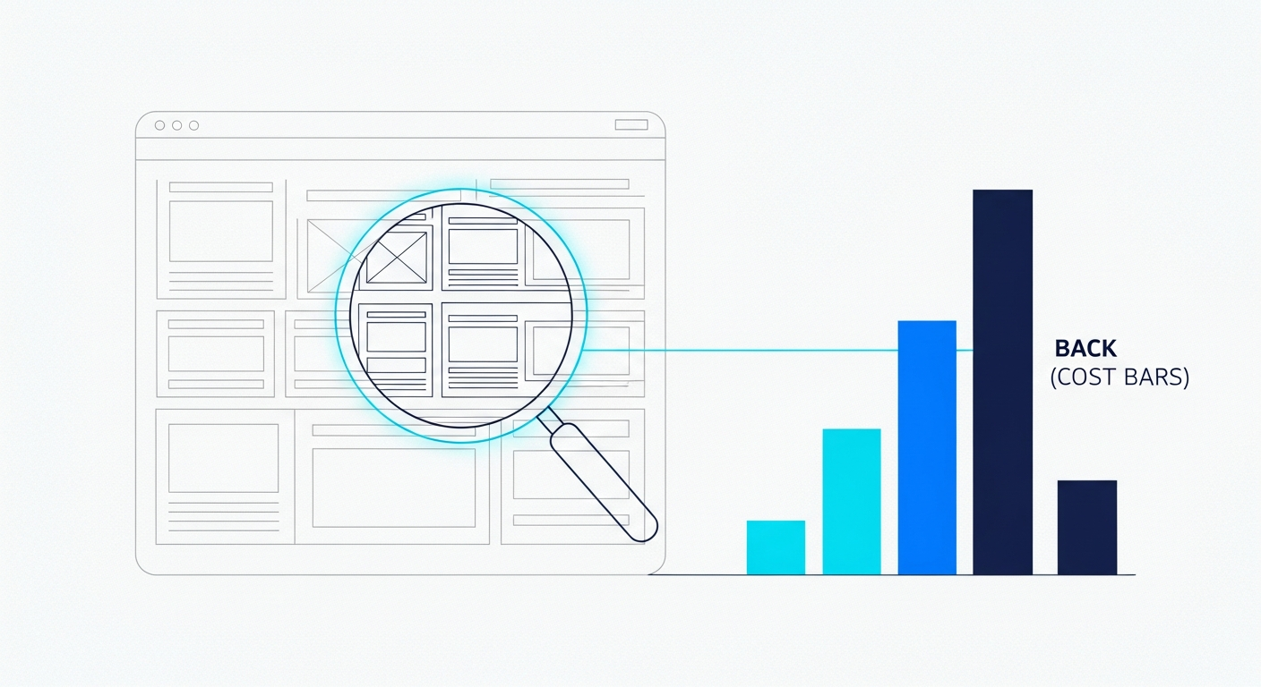 Abstract website wireframe under a magnifier with cost bars scaling by page count, in navy and cyan.