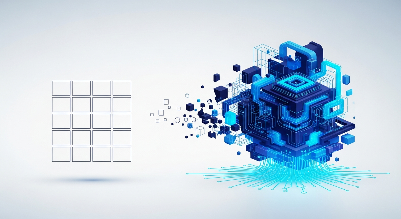 Abstract illustration of a basic layout transforming into a deeper custom-engineered web structure, in navy and blue.