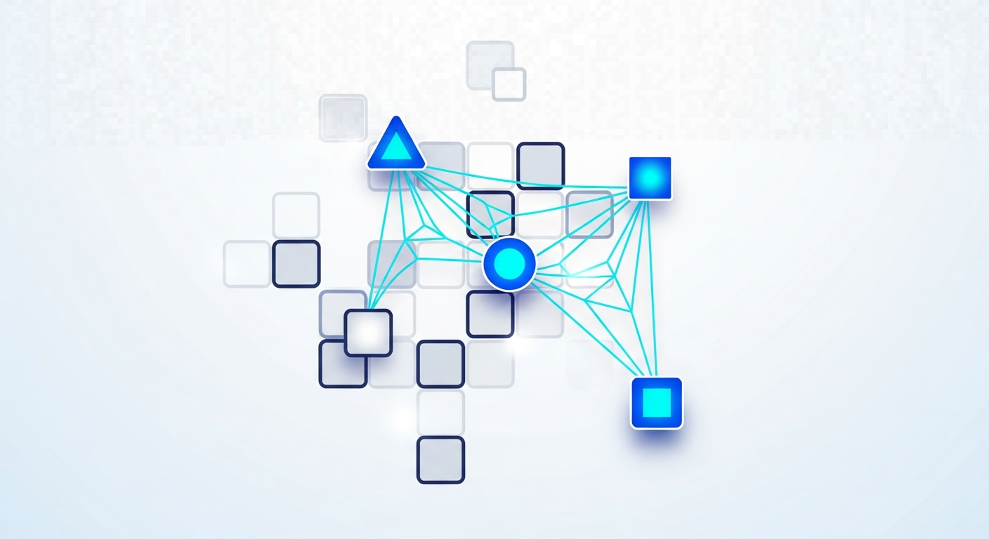 Abstract illustration of specialist nodes integrating into a larger team grid, in navy and blue.