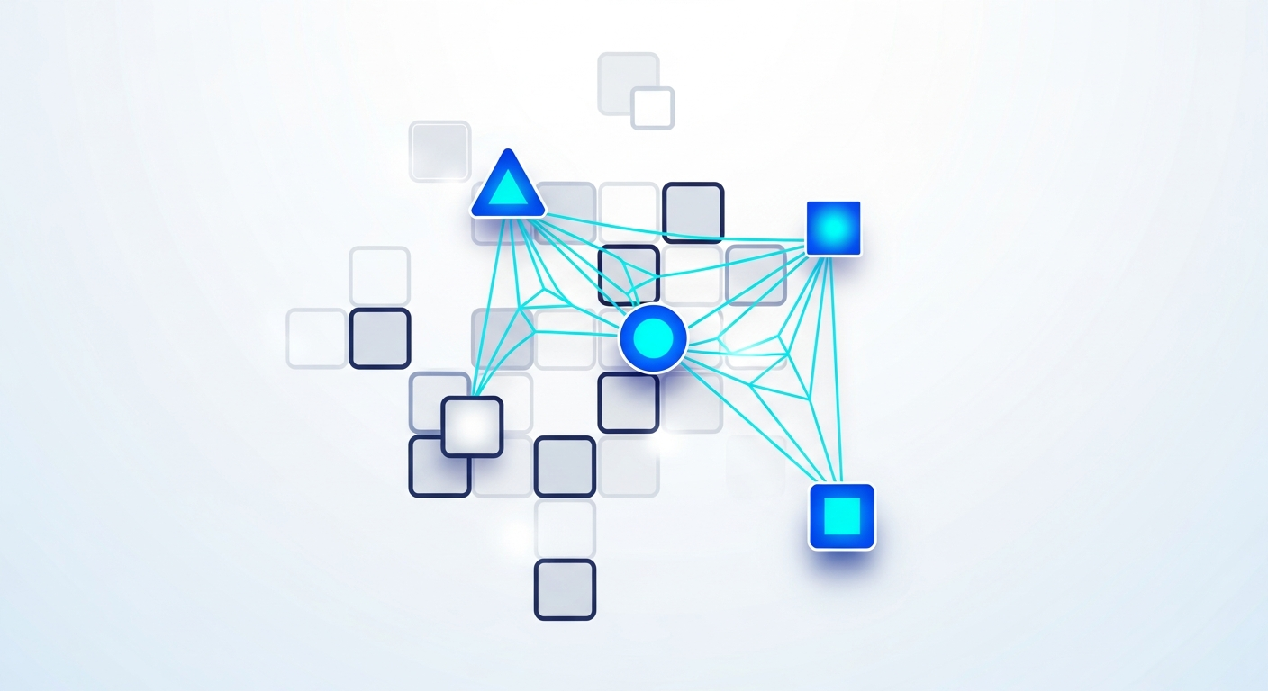 Abstract illustration of specialist nodes integrating into a larger team grid, in navy and blue.