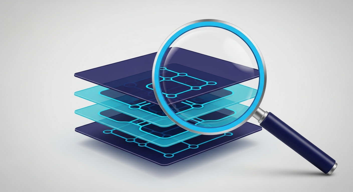 Abstract magnifier revealing solid internal structure within layered software modules, in navy and cyan.
