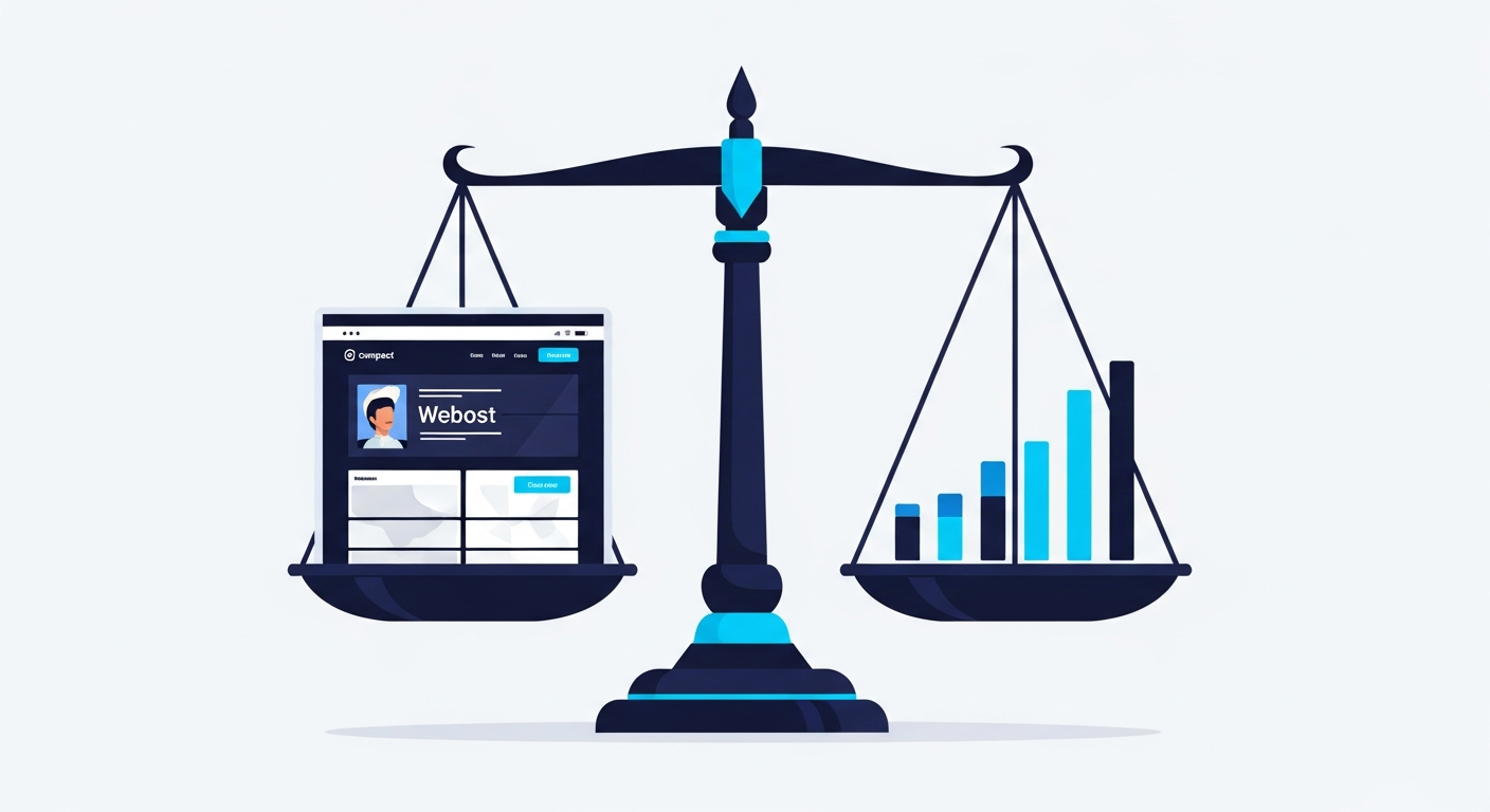 Abstract balance scale weighing a website layout against long-term cost bars, in navy and blue.