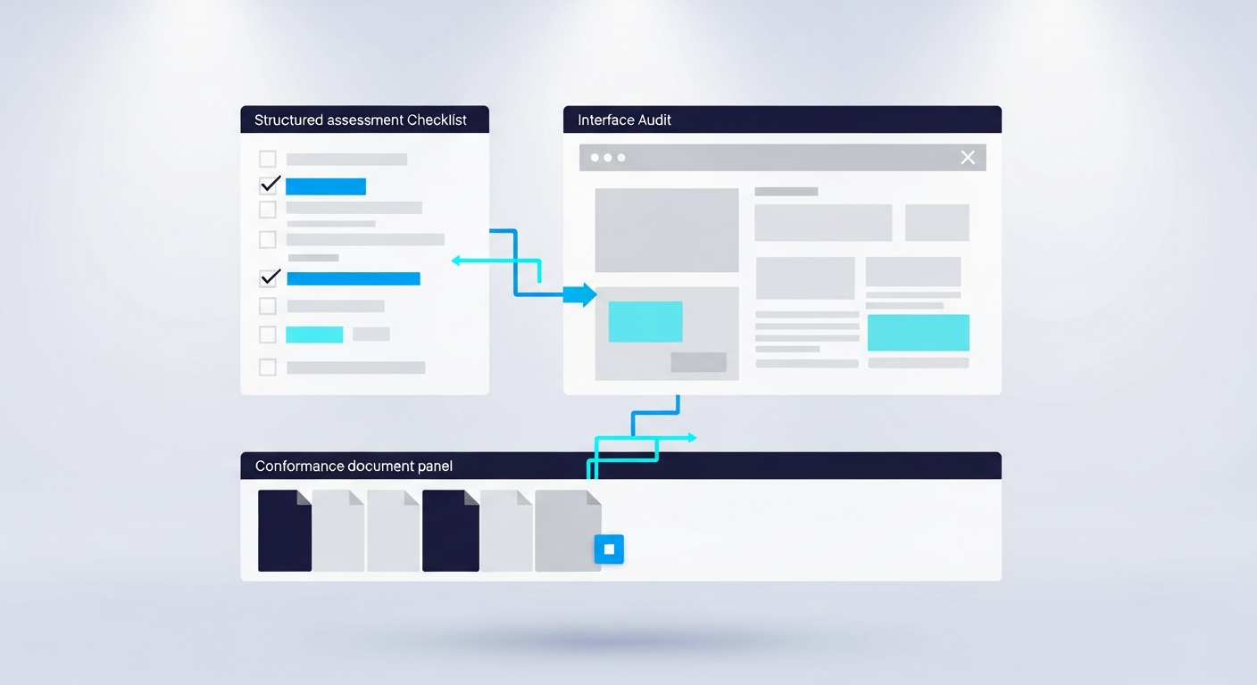 Abstract interface wireframe beside an assessment checklist and conformance document panel, in navy and blue.