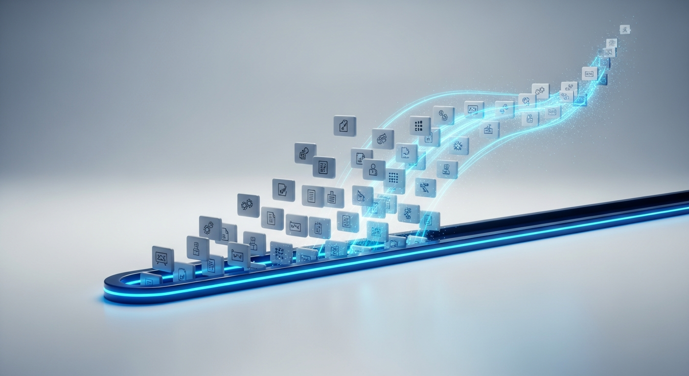 Abstract repetitive task tiles absorbed into a streamlined automated channel, in navy and blue.