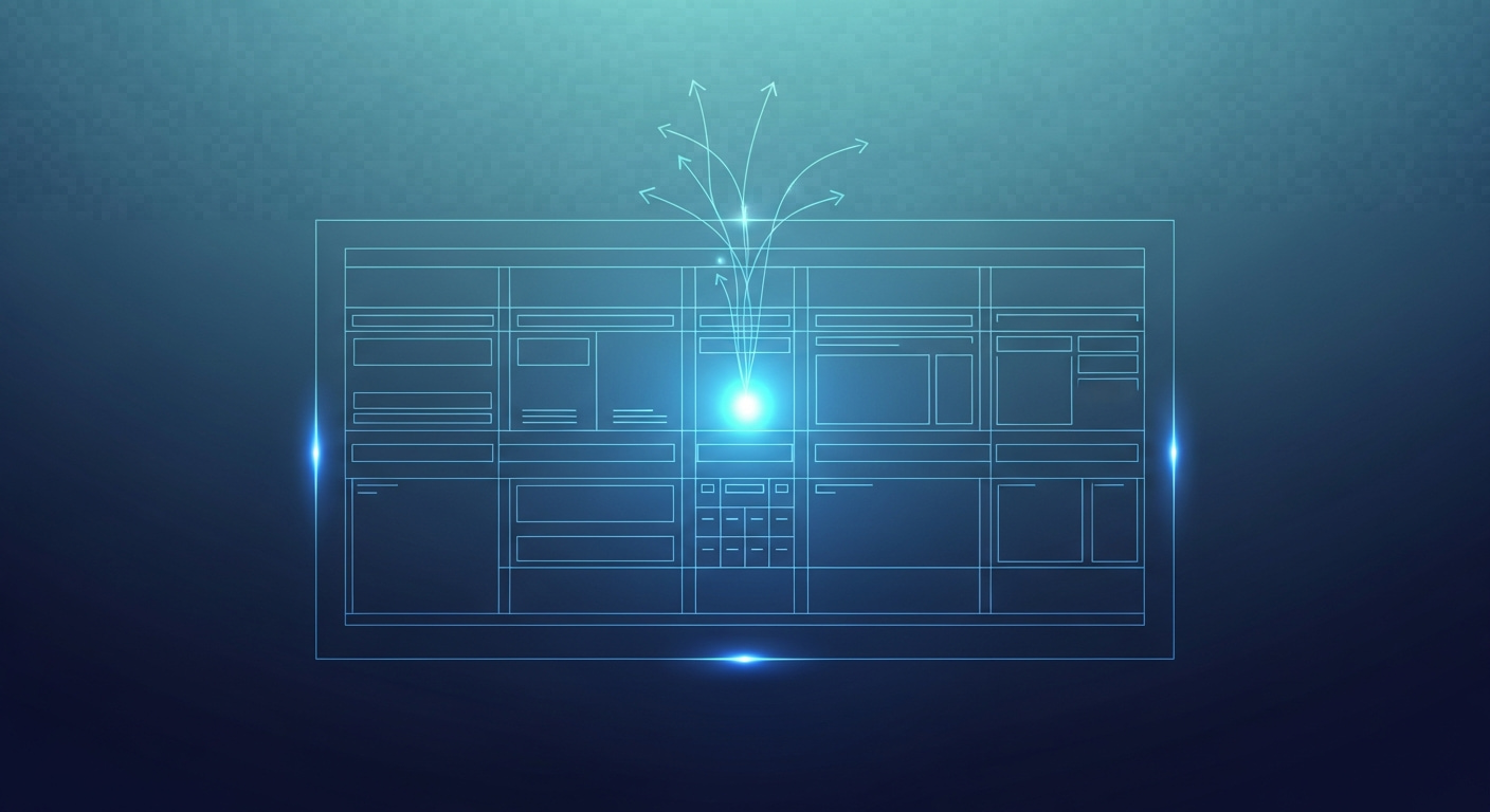 Abstract web layout grid with a highlighted call-to-action and downward flow arrows, in navy and cyan.