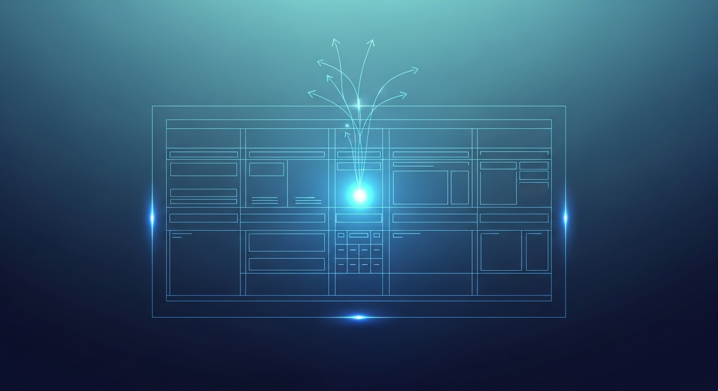 Abstract web layout grid with a highlighted call-to-action and downward flow arrows, in navy and cyan.