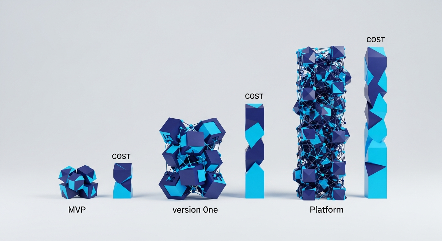 Abstract three growing project structures from MVP to platform beside rising cost columns, in navy and cyan.