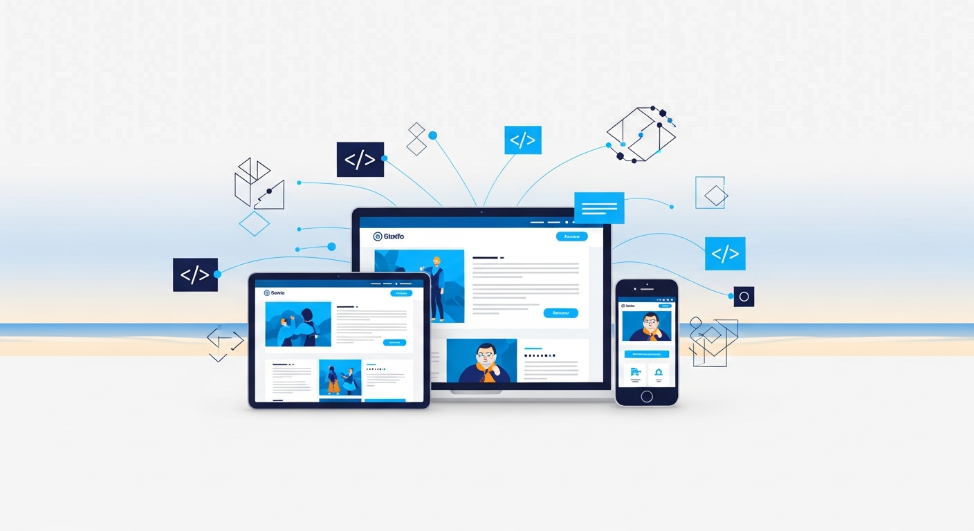 Abstract illustration of a responsive website displayed across laptop, tablet, and phone in navy and blue tones.