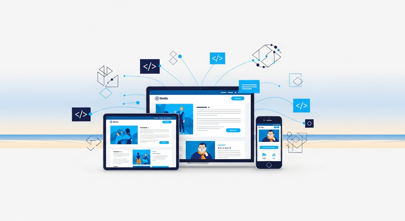 Abstract illustration of a responsive website displayed across laptop, tablet, and phone in navy and blue tones.