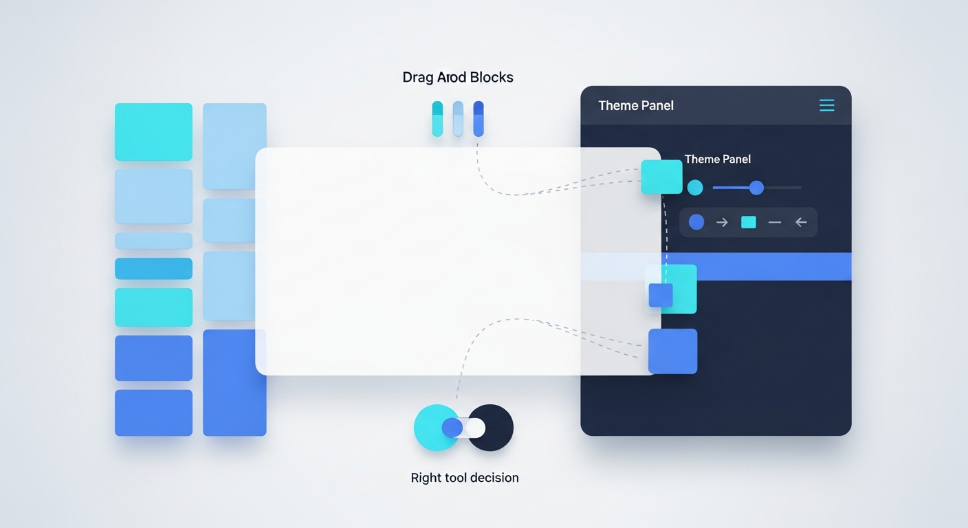 Abstract WordPress page assembled from styled content blocks with a toggle motif, in navy and blue.