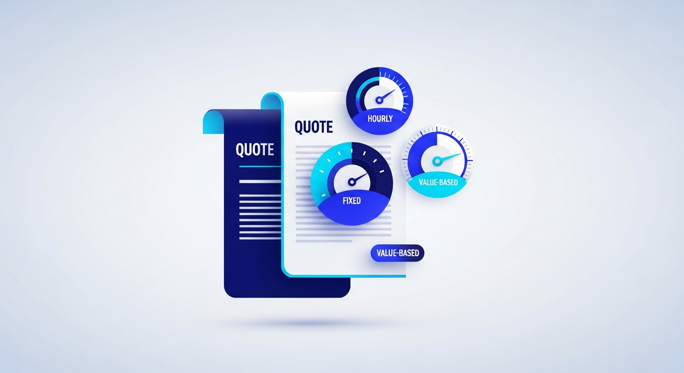 Abstract three pricing dials beside a quote document representing pricing models, in navy and cyan.