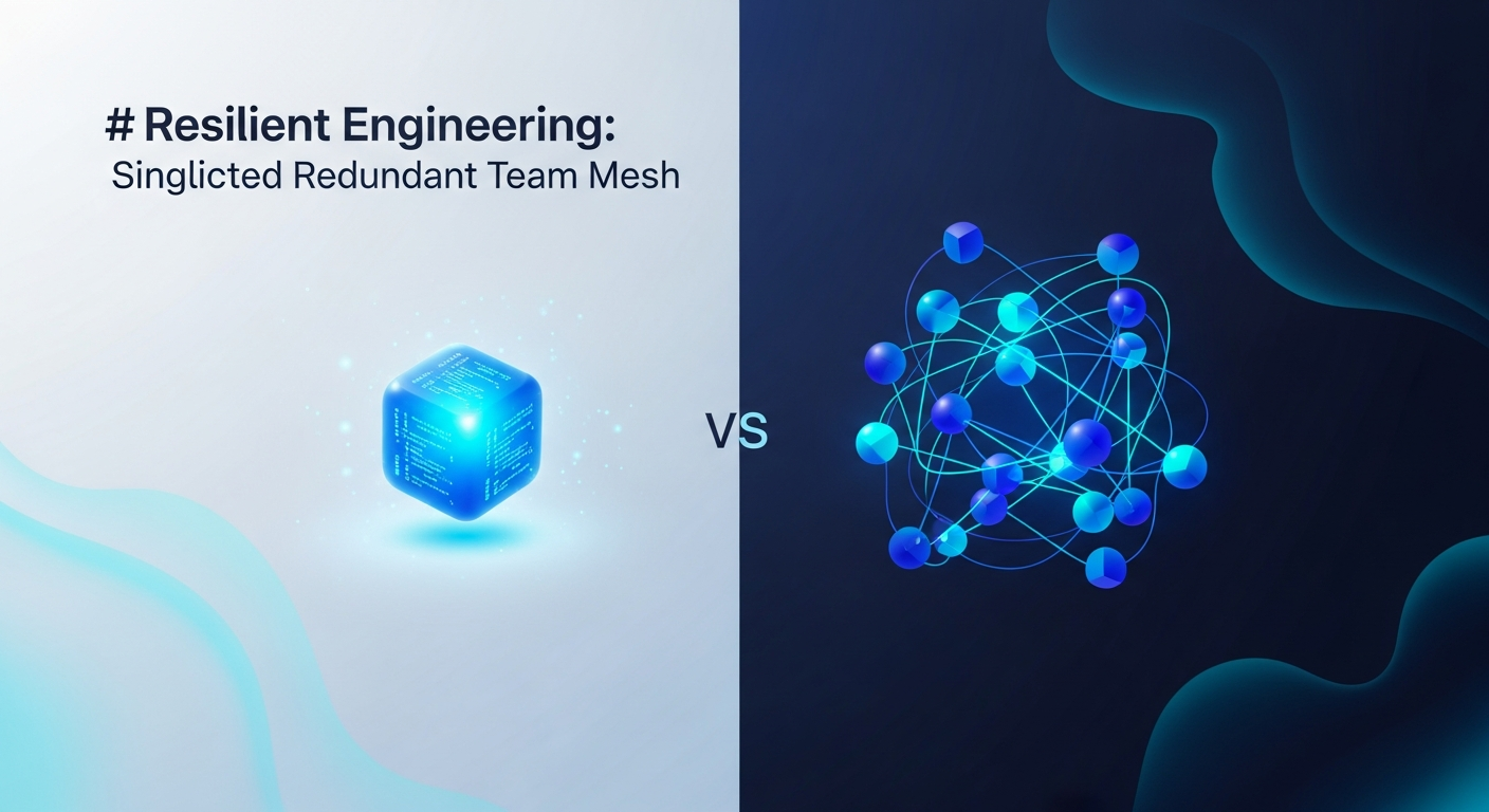 Abstract contrast between a single coding node and a connected redundant team mesh, in navy and cyan.