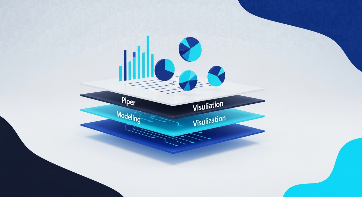 Abstract stacked translucent planes for data pipelines, modeling, and visualization, in navy and cyan.