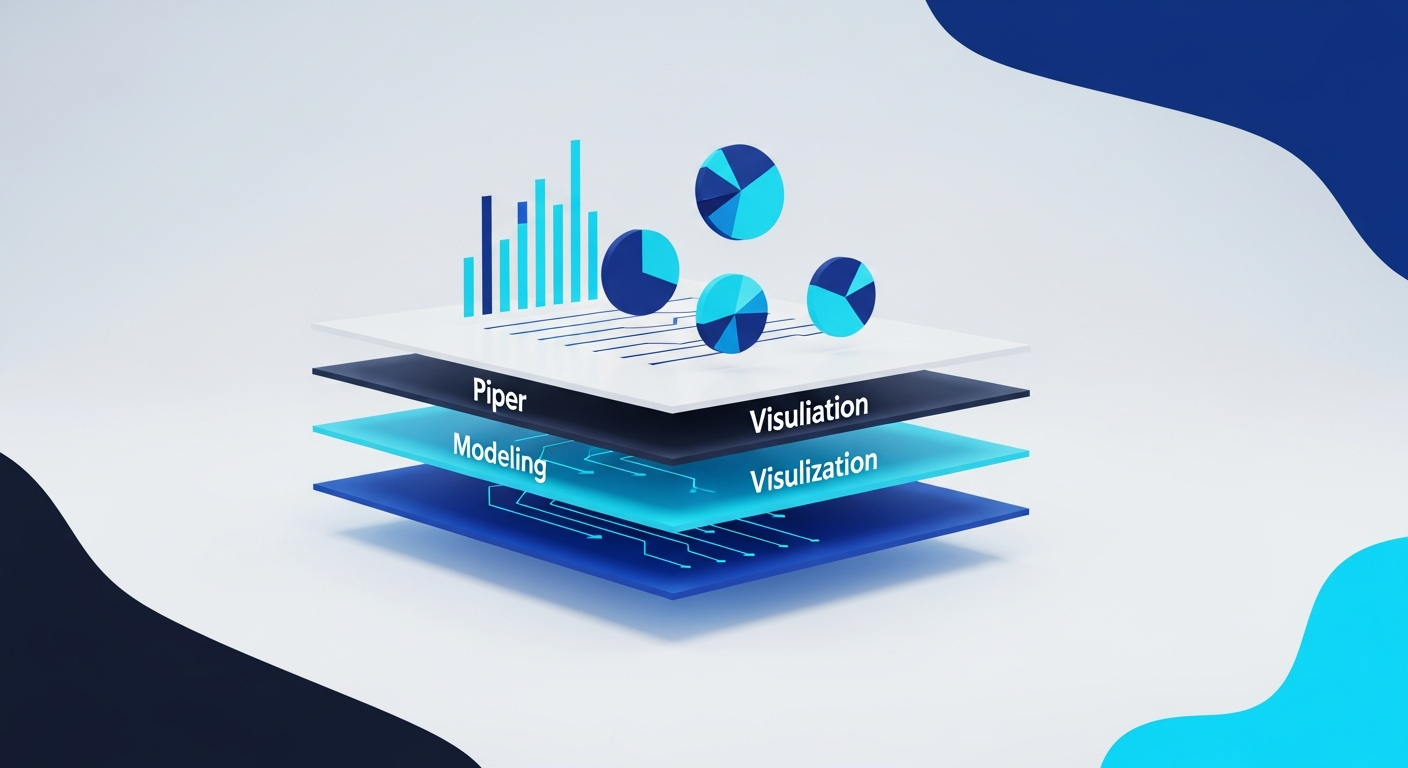 Abstract stacked translucent planes for data pipelines, modeling, and visualization, in navy and cyan.