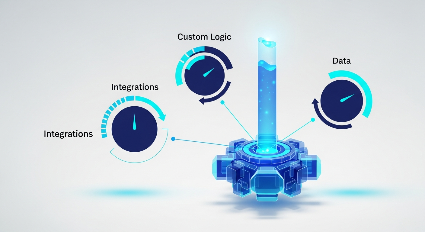 Abstract website core with weighted dials for integrations, logic, and data raising a price gauge, in navy and cyan.