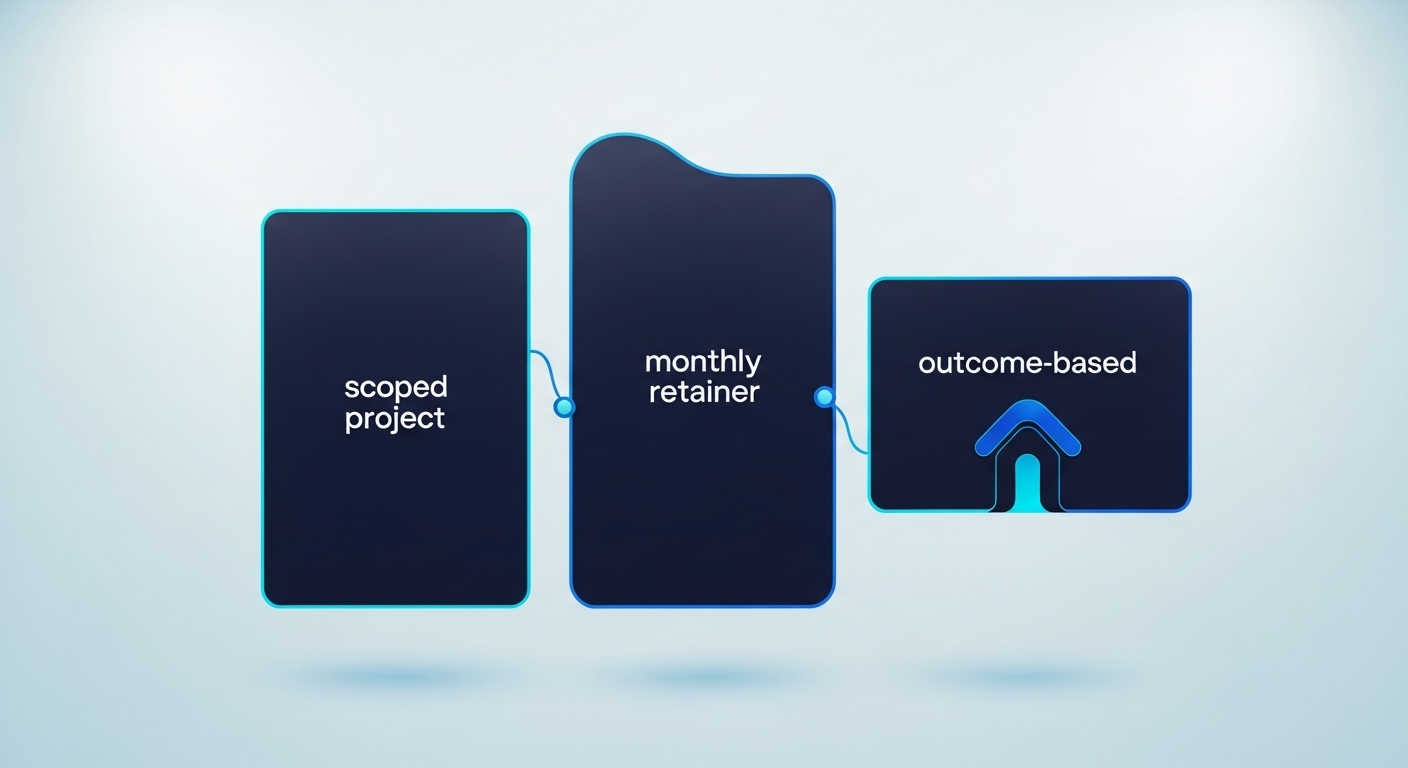 Abstract three connected panels representing scoped, retainer, and outcome-based pricing, in navy and cyan.