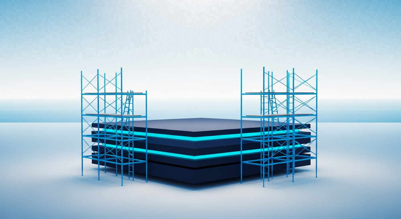 Abstract layered software foundation with scaffolding against a coastal horizon, in navy and blue.