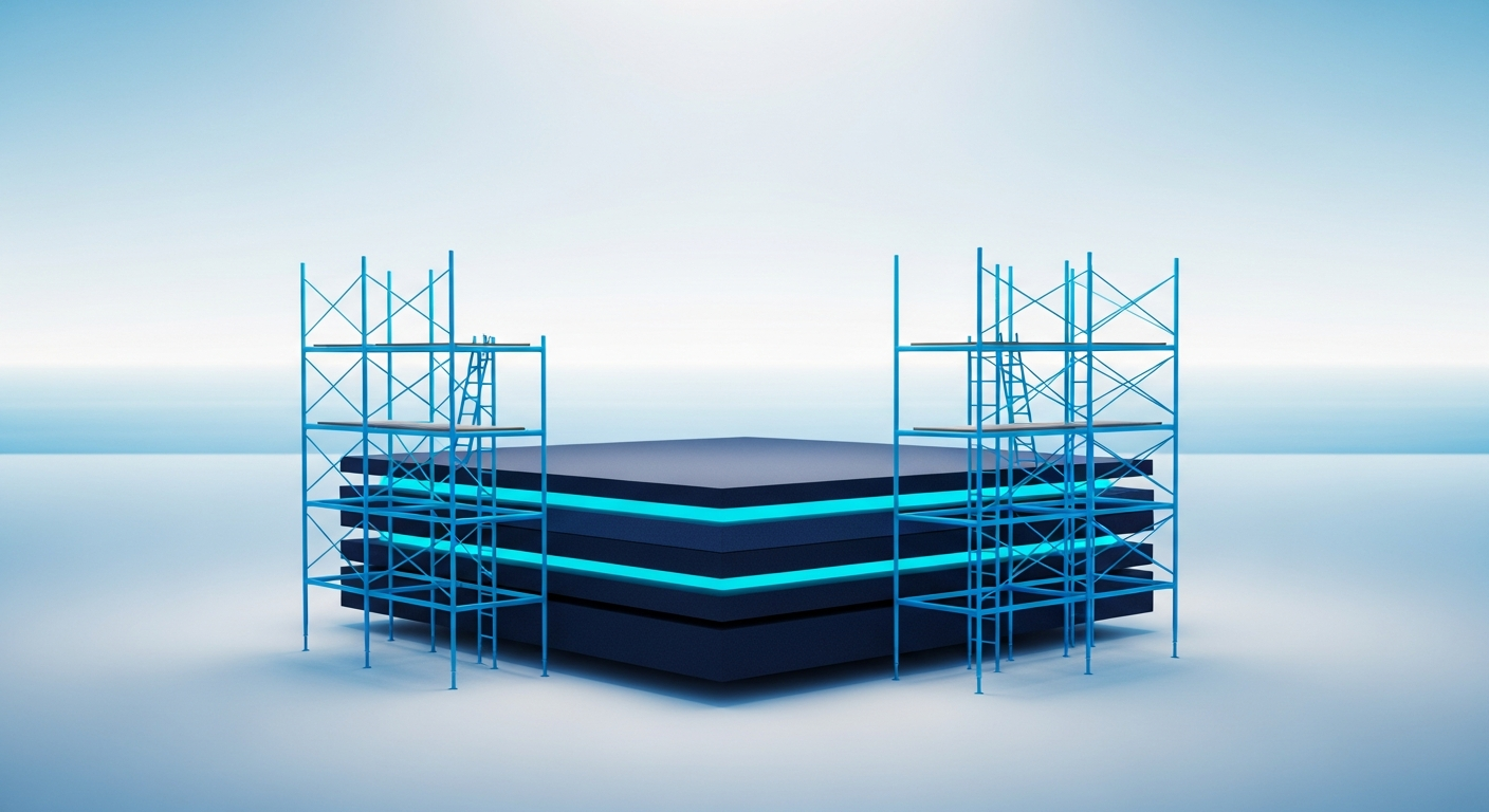 Abstract layered software foundation with scaffolding against a coastal horizon, in navy and blue.