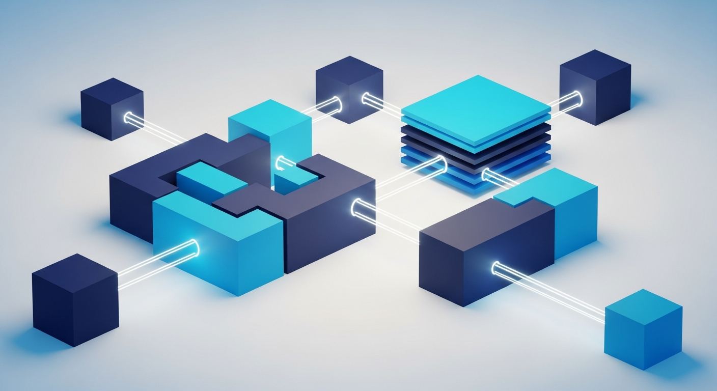 Abstract illustration of modular software architecture blocks connected by data pathways in navy and blue.