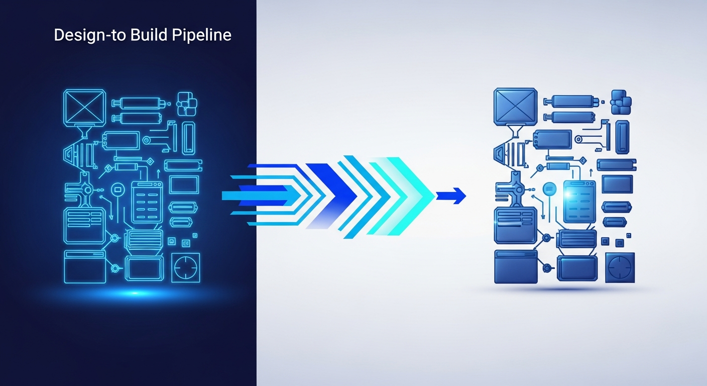 Abstract pipeline from a wireframe blueprint to an assembled software structure, in navy and blue.