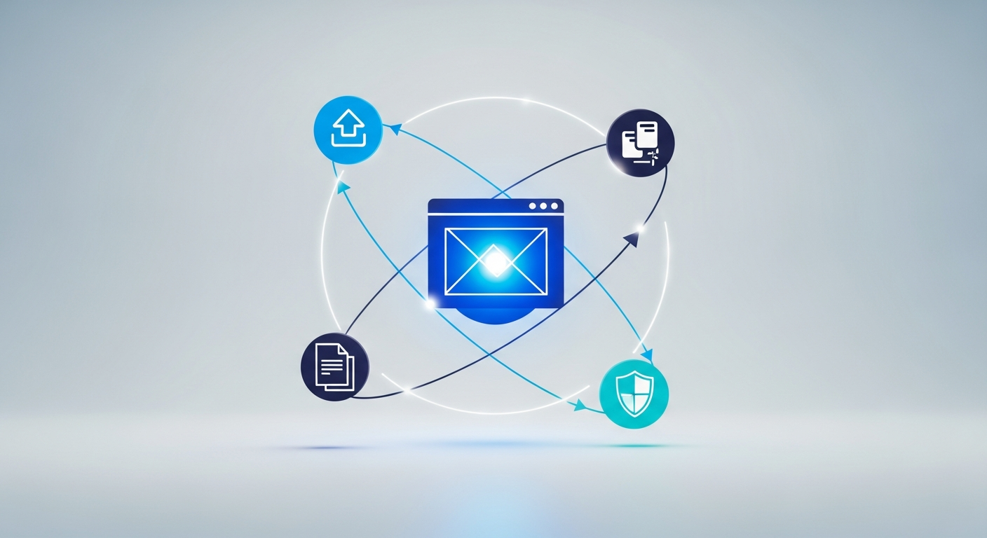 Abstract website core orbited by update, backup, and security-patch icons in a protective cycle, in navy and blue.