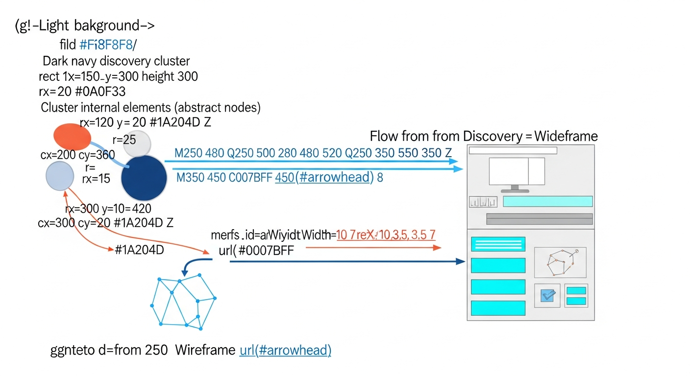 Abstract flow from a discovery cluster through a wireframe to a polished interface, in navy and cyan.