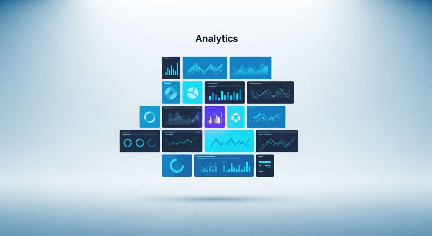 Abstract grid of distinct dashboard and chart tiles with highlighted standouts, in navy and blue.
