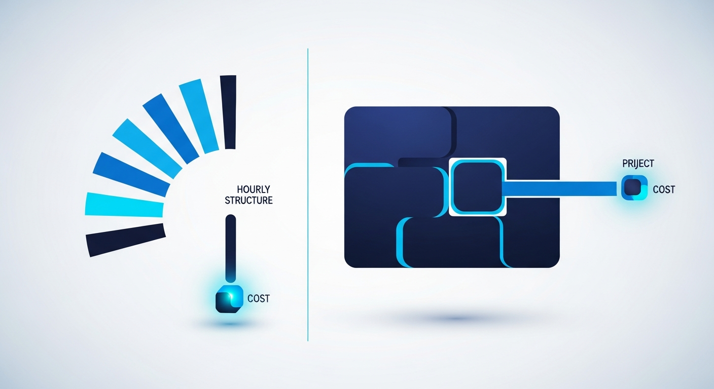 Abstract split motif contrasting an hourly clock with a fixed-project block and cost indicators, in navy and cyan.