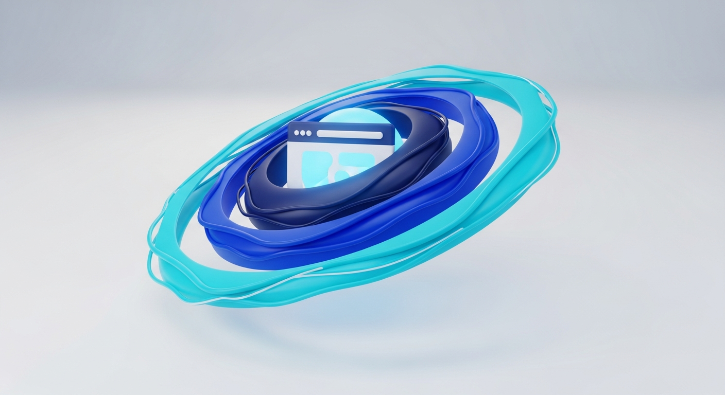 Abstract website core inside three nested protective rings representing tiered care plans, in navy and cyan.