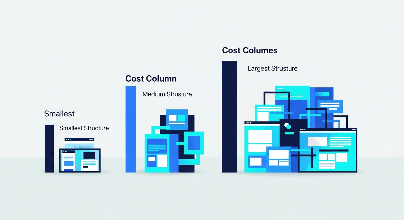 Abstract three website structures of increasing size beside proportional cost columns, in navy and blue.