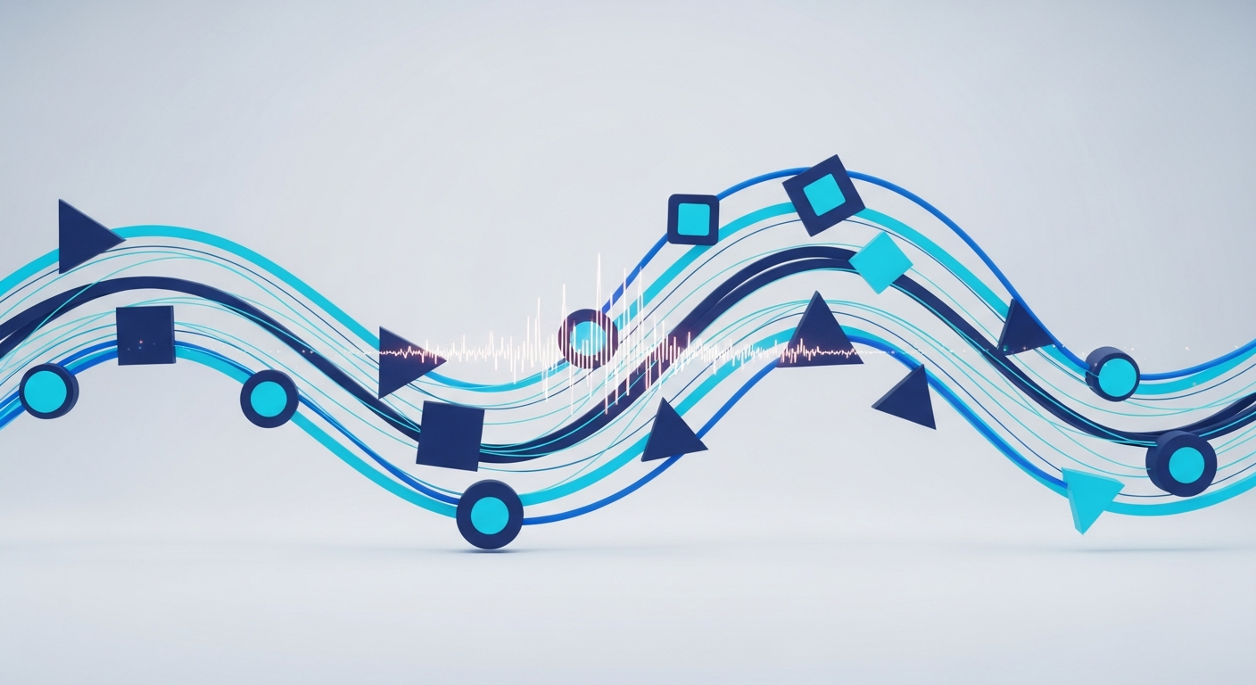 Abstract React component tree with flowing state and a performance-pulse motif, in navy and cyan.