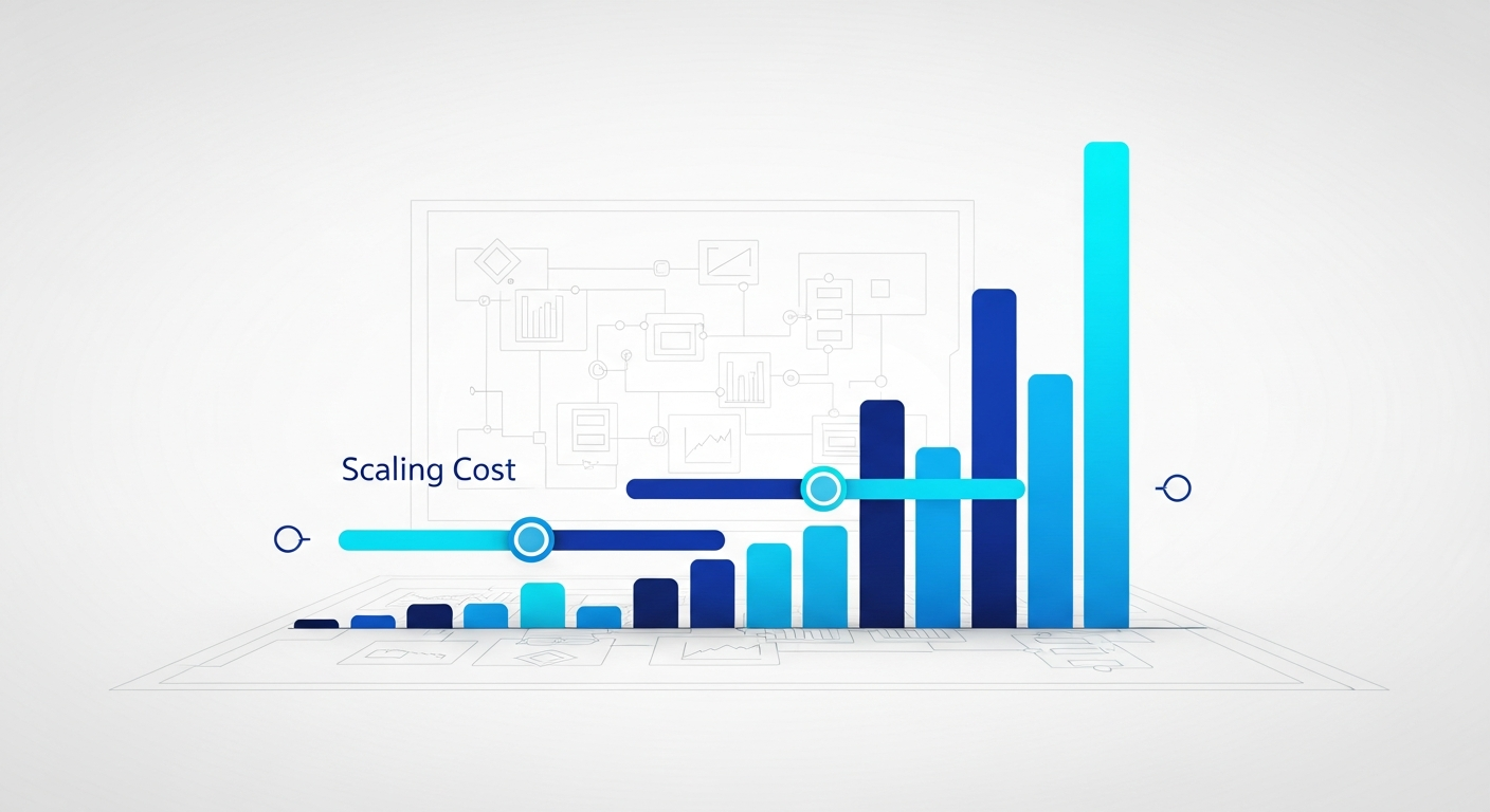 Abstract software blueprint with scaling cost bars and scope controls representing project budgeting, in navy and blue.