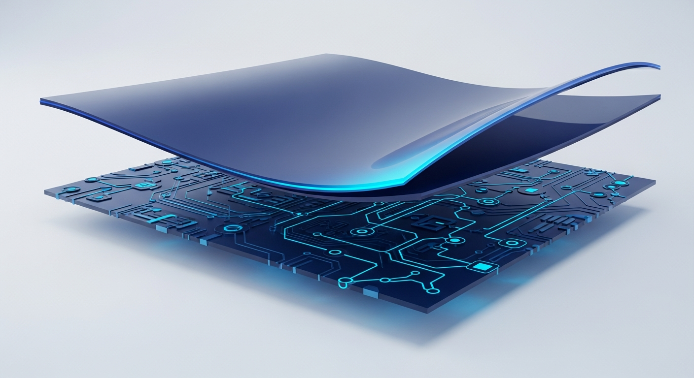Abstract illustration of a website's surface layer lifting to reveal its underlying logic and data flows, in navy and blue.