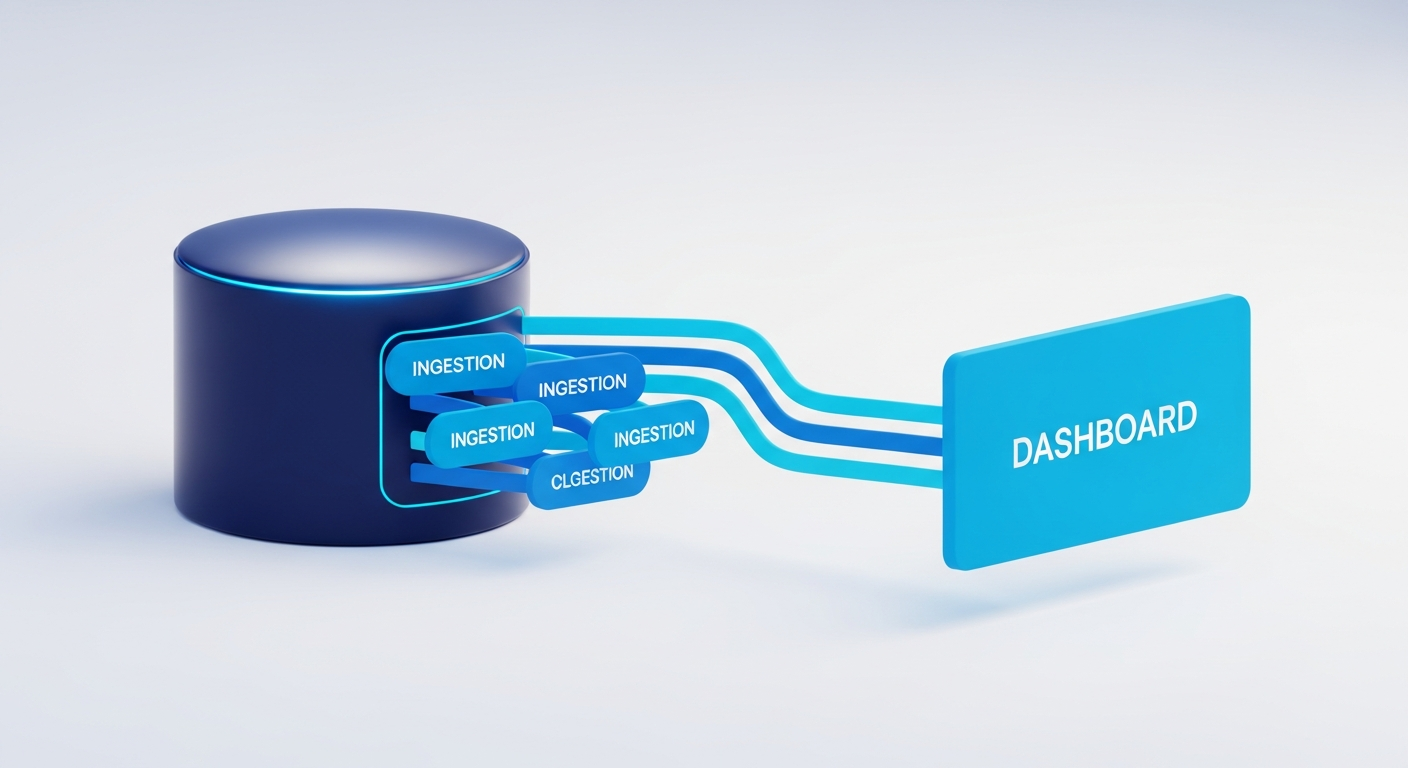 Abstract data pipeline from ingestion to a central warehouse to a dashboard, in navy and blue.