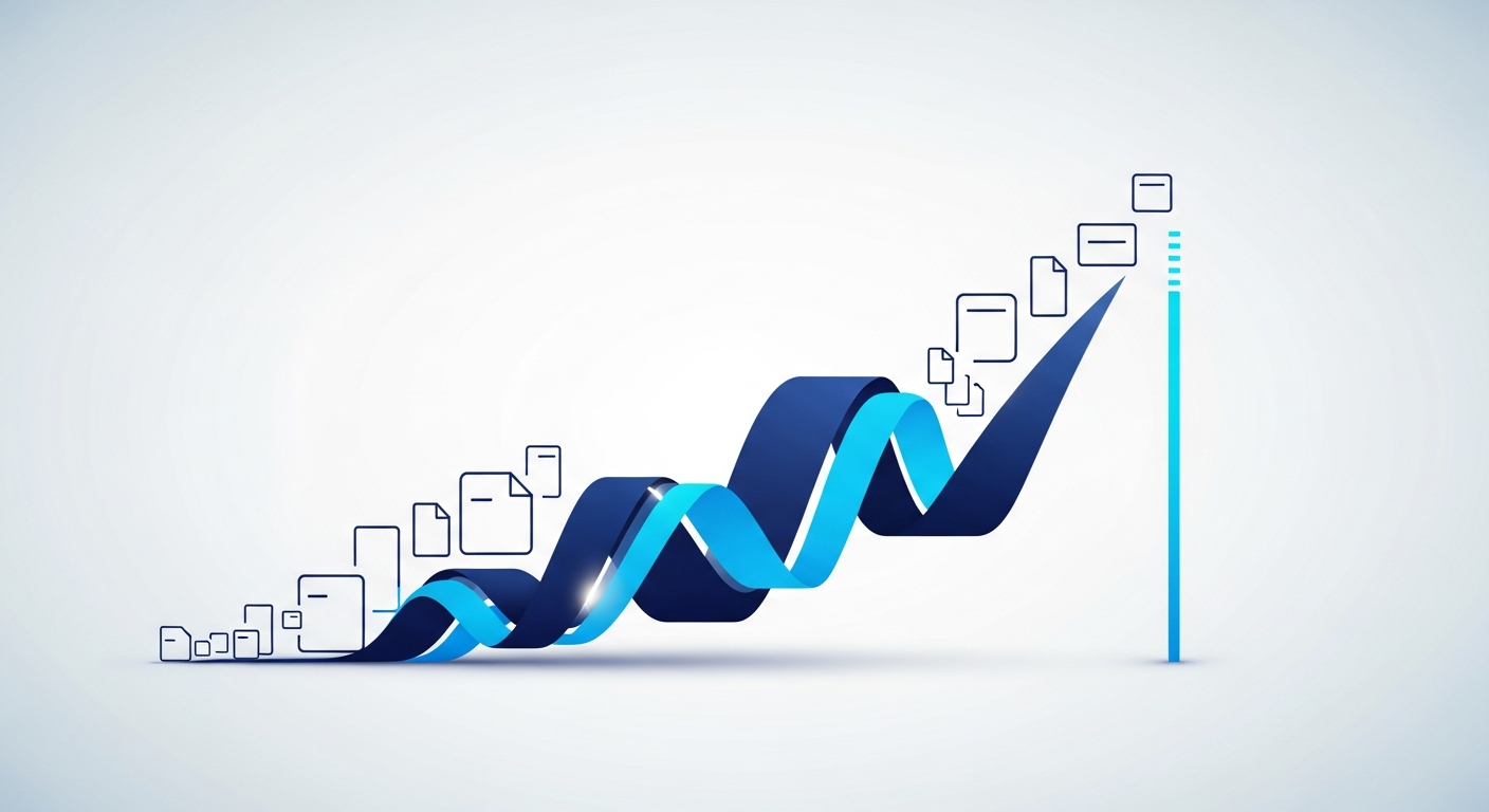 Abstract website expanding in page count with a climbing cost meter, in navy and blue.